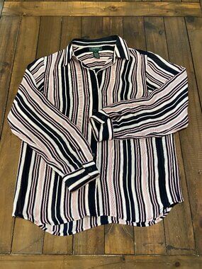 VINTAGE LAUREN Ralph Lauren 100% Silk Striped Sheer Blouse Navy Pink L Y2K EUC